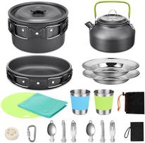 Outdoor Camping Pot Pan Teapot Cup Heat-resistant Silicone Sleeves Forks Spoon Knives Plates Cutting Board Washcloth Loofah Hook juoda