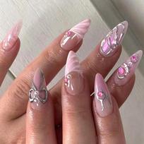 24 Pcs French Tip Press On Nail Almond Shape False Nail 3D Bowknot Acrylic Nail Simple Full Cover Stick On Nail 1