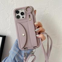 Wrist Strap Crossbody Phone Case For iPhone 13 12 Mini 16 15 Plus 17 14 11 Pro Max XR Card Holder Wallet Lanyard Leather Cover For iPhone 13 Mini šviesiai violetinė spalva