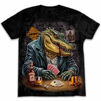 Men's Poker Crocodile Graphic T-Shirt, Mob Boss Croc with Whiskey and Gold Crew Neck Streetwear Tee XXS juoda