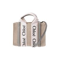 Chloe Woody Logo Print Linen Canvas And Shiny Calfskin Tote Bag Women Tote Bags CHC22-AP237I26-012 Basic Set (Bag+Dust Bag)
