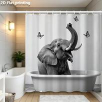 Black & White Elephant In Bathtub Shower Curtain 1Pc Polyester 2D Flat Print 70.8X70.8  With Butterflies On White Base W60H190(CM)-1 Pcs