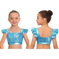 Girls Jazz Dance Competition Top: Square Collar Ruffled Sleeves Sparkling Sequin Metallic Crop Top for Stage Performance 5-6 Years šviesiai mėlyna spalva