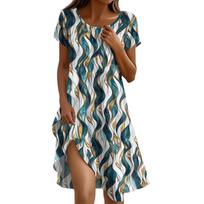 Short Sleeve Boho Dress For Women Casual Loose Fit Sundress Print Round Neck Dress With Pockets XXL