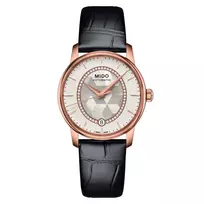 MIDO Baroncelli III Lady automatinis laikrodis 33mm rožinio aukso PVD balto perlų motinos ciferblatu deimantiniais rodikliais baltu odiniu dirželiu