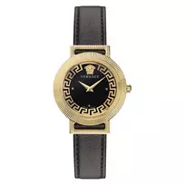Versace V-Circle moteriškas laikrodis VE3D00322 36mm, šveicariškas kvarcinis, nerūdijančio plieno, juodas ciferblatas, odinė apyrankė