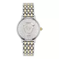 VERSACE VE6F00423 unisex laikrodis su šveicarišku kvarciniu mechanizmu, 38 mm, pilku ciferblatu ir nerūdijančio plieno apyranke