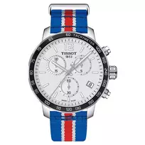 TISSOT T-Sport Quickster Vyriškas Chronografinis Laikrodis 42mm Sidabrinis Ciferblatas Mėlyna ir Raudona Nylon Juosta T09541717371