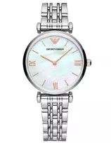 ARMANI moteriškas laikrodis AR90004L kvarcinis analoginis 32 mm rožinio aukso nerūdijančio plieno korpusas rudos odos dirželis