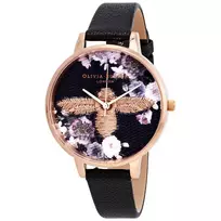 Olivia Burton Women's Enchanted Garden Watch OB16EM02 - 38 mm rožinio aukso nerūdijančio plieno korpusas, pilka odinė apyrankė, pilkas ciferblatas su bitės motyvu