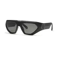 PHILIPP PLEIN SPP153-580U28 Vyriški stačiakampiai akiniai nuo saulės, blizgantis juodas acetato rėmelis, dūminiai pilki polikarbonato lęšiai, 58 mm