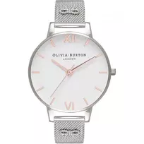 Olivia Burton Moteriškas laikrodis Enchanted Garden Watch OB16ES10 – 38 mm rožinio aukso nerūdijančio plieno korpusas, baltas gėlėtas ciferblatas, pilka odinė apyrankė