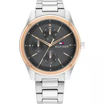 Tommy Hilfiger vyriškas laikrodis 1710541 analoginis kvarcinis 44mm nerūdijančio plieno korpusas rudos odos dirželis mėlynas ciferblatas