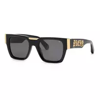 PHILIPP PLEIN SPP095M520700 Vyriški kvadratiniai akiniai nuo saulės, juodas acetatinis rėmelis, pilki lęšiai, UV400, 52/21/145 mm