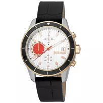 JUST CAVALLI MAN JC1G215L0035 42 mm kvarcinis analoginis laikrodis su juodu ciferblatu ir juoda odine apyranke