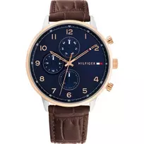 Tommy Hilfiger vyriškas laikrodis 1791987 44mm nerūdijančio plieno korpusas ruda odinis dirželis mėlynas ciferblatas