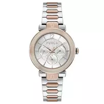 FURLA Arco Chain moteriškas laikrodis su kvarciniu mechanizmu, 38 mm nerūdijančio plieno tinklelio apyranke, rožinio aukso spalvos