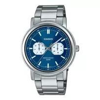 Vyriškas analoginis laikrodis CASIO MTP-E335D-2E1VD su mėlynu ciferblatu ir nerūdijančio plieno apyranke, 47.6 mm