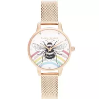 OLIVIA BURTON Moteriškas laikrodis Wishing Star OB16WL90 30mm Rožinis Auksas Nerūdijantis Plienas Baltas Perlamutro Ciferblatas Pilkas Odinis Dirželis