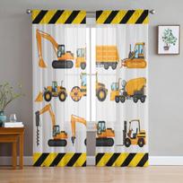 Yellow Truck Excavator Sheer Curtains For Living Room Bedroom Tulle Curtains Kitchen Window Treatments Panel Drapes 135W x 114H(cm)