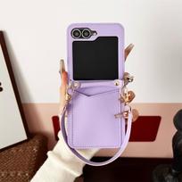Luxury Leather Card Holder Slot Wrist Strap Case for Samsung Galaxy Z Flip7 6 5 4  flip6 Flip5 Wallet Lanyard Solid Color Cover Galaxy Z Flip4 violetinė
