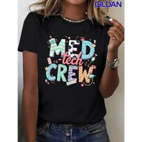 Women's MED Tech CREW T-Shirt - Pastel Pink -Themed Healthcare Worker Apparel, Soft Loose H-Line Tee with EKG, S juoda