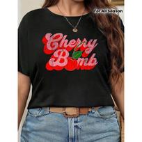 Womens Black Cherry Bomb Graphic Crew Neck T-Shirt Medium Stretch Top with Applique Design, Machine Washable, Casual Summer Tee, S juoda