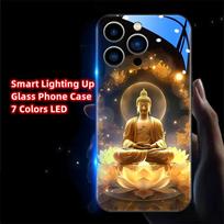Golden Buddha Pattern Smart LED Glow Case – Tempered Glass Phone Cover for IPhone Samsung 【Style A】For Iphone XS