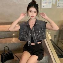 American hot girl short style navel-baring sleeveless raw edge denim vest vest American retro sweet cool style versatile women S