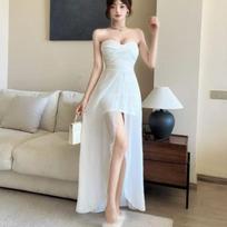 French Off-Shoulder White Fairy Dress: Irregular Mesh, Leg-Revealing, Hip-Hugging Long Gown M