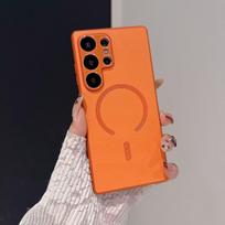Samsung S25Ultra Skin-Feel Pony Leather Magnetic Phone Case with S24 Lens Attachment S24 Plus oranžinė