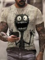 Men's Creepy Art Monster T-Shirt, Dark Fantasy Stick Monster with Wide Eyes, Newspaper Print Background, Casual Short Sleeve for Men XXS smėlis