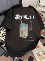 Cute Cat Lemon Drink Box Japanese Text Back Print Tshirt Unisex Unisex Casual Cotton Tee Short Sleeve Kawaii Minimal Unisex Tops M