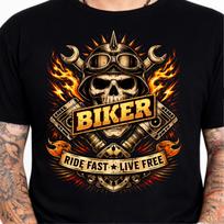 Biker Ride Fast Live Free Skull Helmet Pistons Flames Wrench Graphic T-Shirt. XL