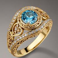 Elegant and luxurious engagement ring set with a round sea blue gemstone surrounded by gold carvings, a perfect gift for holidays and Valentine's Day 5