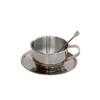 Insulated Coffee Cups with Spoon & Saucer Double walled Coffee Mug Shatterproof sidabras