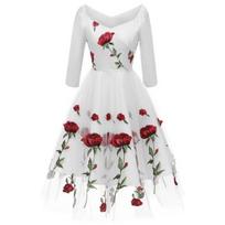 Red Rose Embroidered Midi Prom Dress for Women Wedding Guest Bridesmaid Cocktail Evening Party Mesh Tulle 3 4 Sleeve Formal Occasion Outfit S