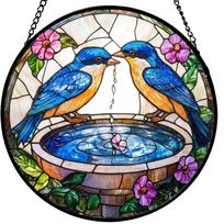 Round Stained Glass Window Hanging Decoration with Two Birds and Floral Design for Indoor Outdoor Use with Metal Frame and Chain Hanging One Size