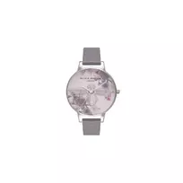 Olivia Burton Enchanted Garden moteriškas laikrodis OB16EM05 – 38 mm rožinio aukso nerūdijančio plieno korpusas, baltas gėlių rašto ciferblatas, minkštos pilkos odos dirželis