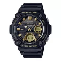CASIO AEQ-120W-9A Vyriškas analoginis-skaitmeninis laikrodis, 53,3 mm, juodas dervos korpusas, juodas dervos dirželis, auksinės detalės