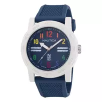 NAUTICA NAPATS304 Vyriškas kvarcinis analoginis laikrodis, 42,5mm nerūdijančio plieno korpusas, mėlyna silikoninė juosta, 100m atsparumas vandeniui