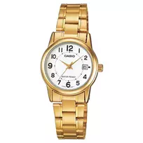 CASIO LTP-V002G-7B Moteriškas analoginis kvarcinis laikrodis, 25 mm auksinio atspalvio nerūdijančio plieno korpusas, sidabrinis ciferblatas