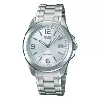 Casio MTP-1215A-7A Vyriškas Analoginis Kvarco Laikrodis su Nerūdijančio Plieno Apyranke, Sidabriniu Ciferblatu, 38.4 mm Korpusu, Dienos-Datos Rodymu, 50 m Atsparumu Vandeniui