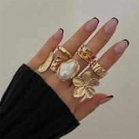 New S Punk Liquid Metal Finger Rings Set For Women Vintage Irregular Exaggerated Flower Pearl Ring Bohemia Girl Party Jewelry