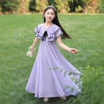 Girls Beach Summer Princess Dress Short Sleeve Solid Color 120cm violetinė