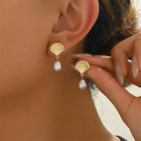 Bohemia Metal Shell Starfish Pearl Drop Earrings For Women Gold Color Sea Shell Dangle Earring Beach Party Jewelry Accessories