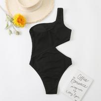 Swimwear Crinkle Cloth Sexy One-piece Bikini Swimsuit with One Shoulder M pink