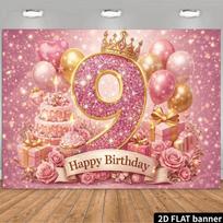 2D princesės karūna su blizgučiais, skaičius 9, „Happy Birthday“ fonas, baneris, nuotraukų kampelis 59x51.1inch/150*130cm white