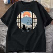 Coffee Cat in Mt Fuji Tshirt Men Women Round Neck Short Sleeve Tshirt Japanese Style Printed TShirt Women Clothing S