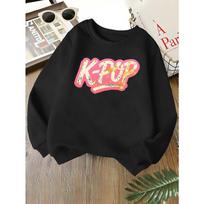 Kids Unisex Crewneck Sweatshirt, Vintage Glitter K-POP Letter Print Long Sleeve Pullover, Soft Fleece Kids Sweatshirt For Boys Girls Over 4 Years Old 110 juoda